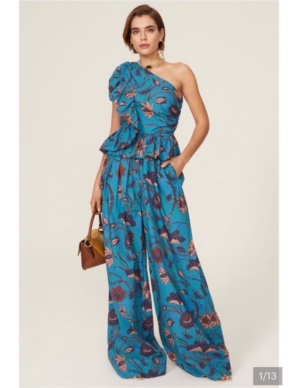 Ulla Johnson Solana Asymmetrical Jumpsuit Blue Floral One-Shoulder fall colors